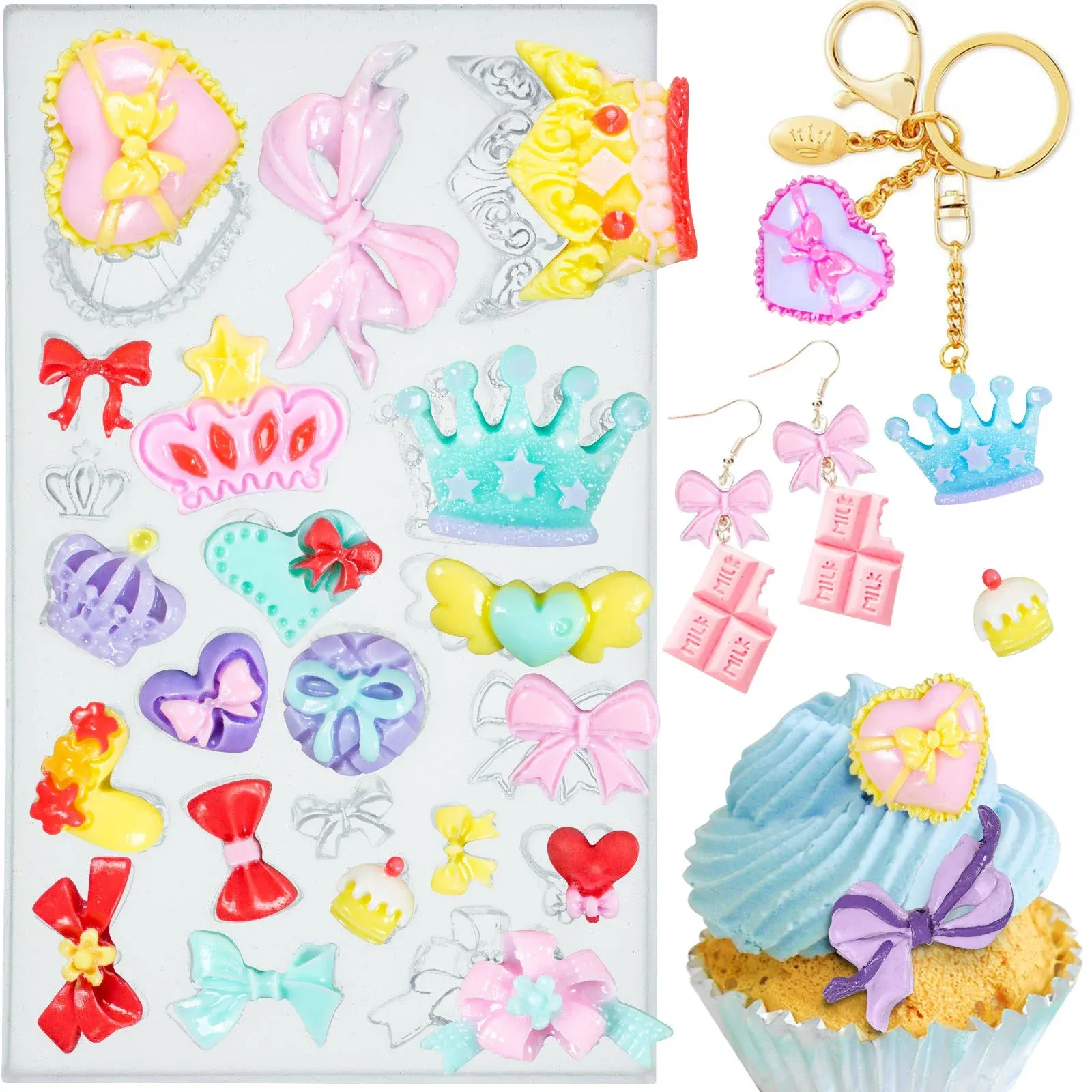 Cute Ribbon Bows Crowns Hearts Silicone Mold 14-Count