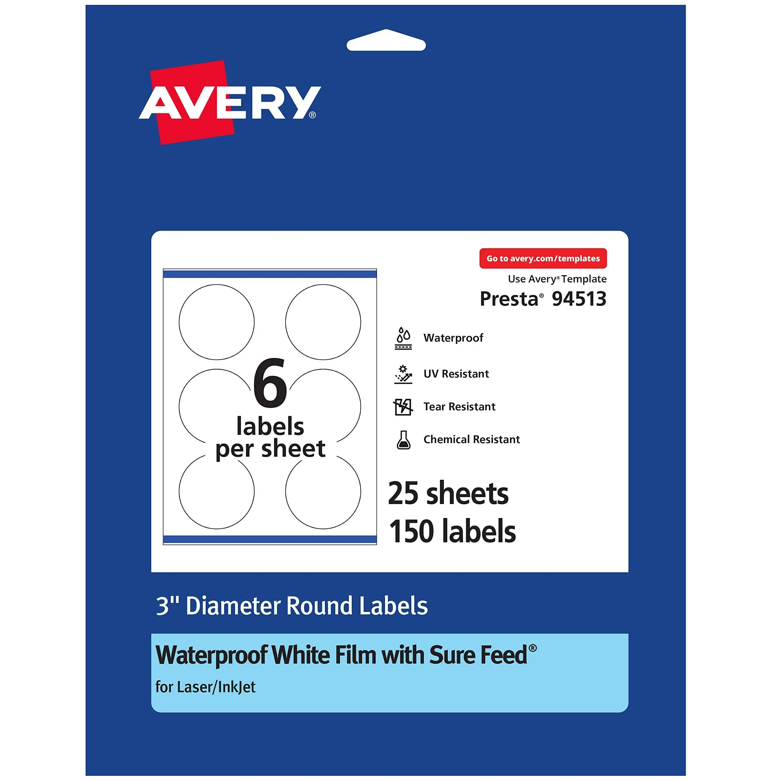 Avery Waterproof Round Labels with Sure Feed, Print to The Edge, 3" Diameter, 60 ...