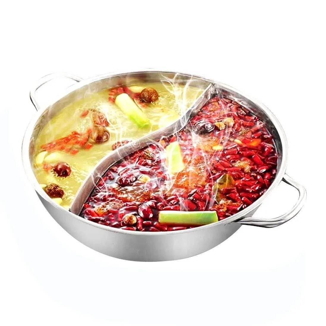 Stainless Steel Shabu Shabu Hot Pot Pot with Divider for Induction Cooktop Gas Stove (34cm, Without Cover)