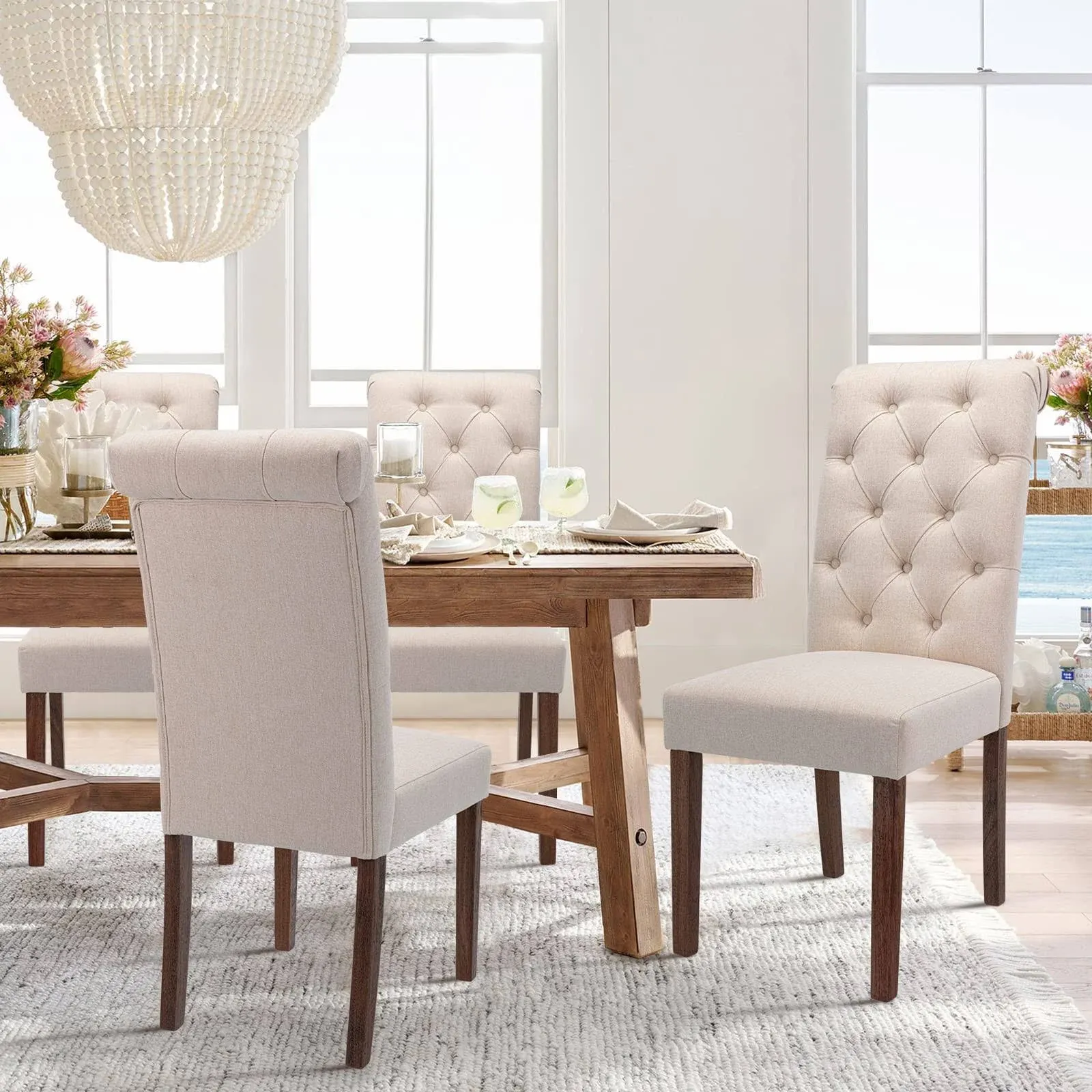 COLAMY Button Tufted Dining Chairs Set Parsons Upholstered Fabric Dining Room Chairs Kitchen Chairs with Wood Legs and Padded Seat