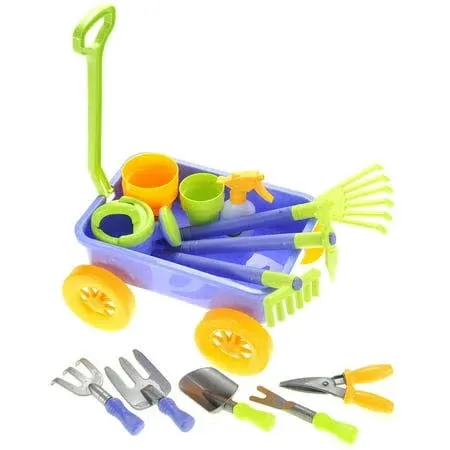 Garden Wagon &amp; Tools Toy Set w/ 8 Gardening Tools, 4 Pots, Water Pail, and Spray