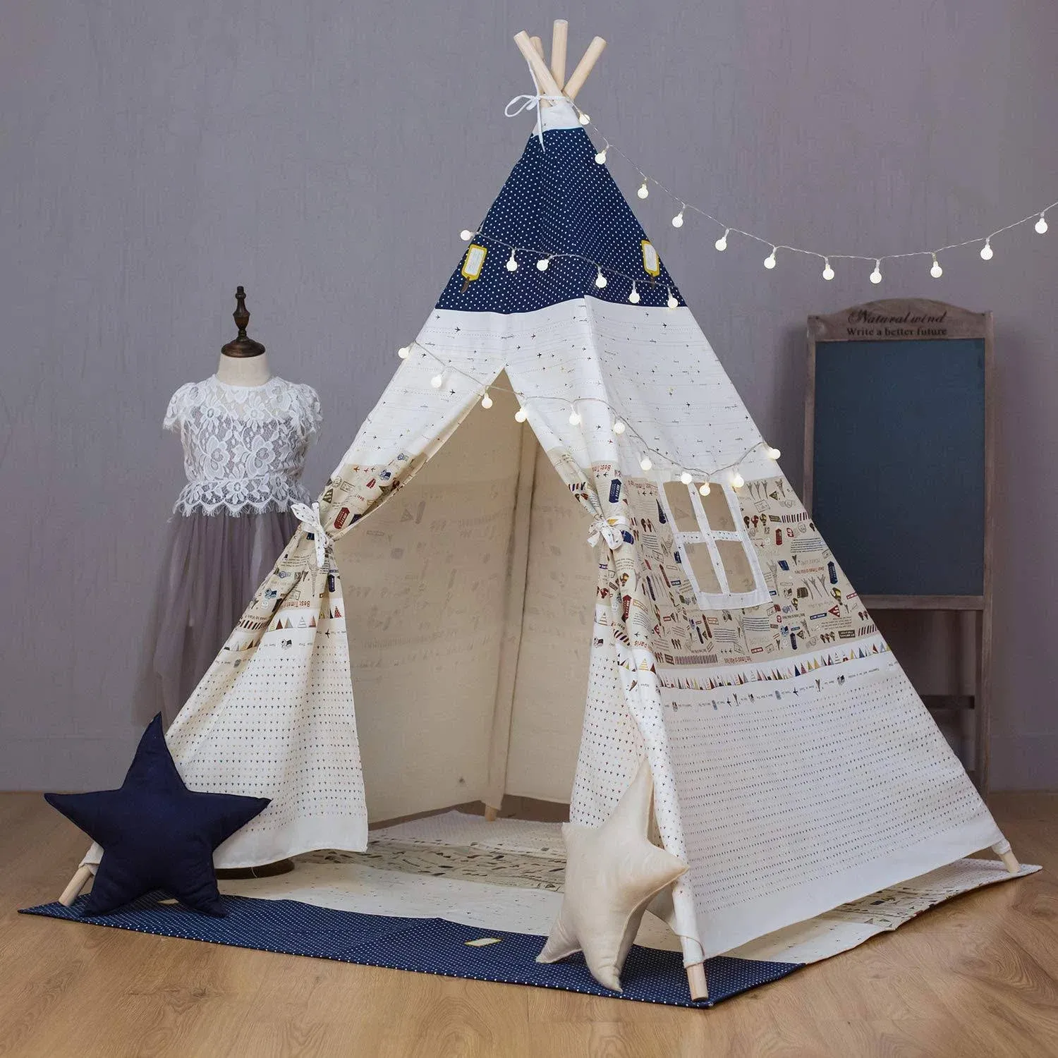 Kids Teepee Tent with Mat, Xiaowantong Printed Canvas Teepee for Girl Boy