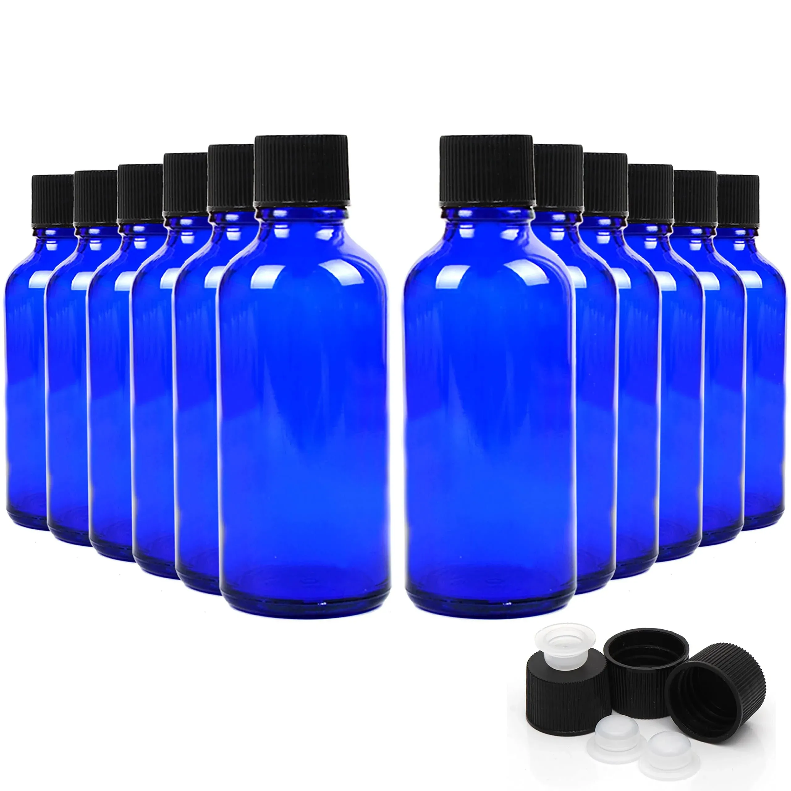 Youngever 12 Pack 2 Ounce Empty Glass Bottles with Lids, Cobalt Blue Refillable Container for Essential Oils, Vanilla Extract YE393.358