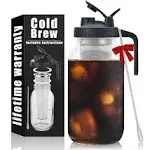 Cold Brew Mason Coffee Maker - 64oz Iced Coffee Pitcher with Stainless Steel Mixing Spoon & Super Dense Filter 3 Steps Finish Cold Brew Coffee, Classic BPA Free Sturdy Mason jar Pitcher Easy to Clean