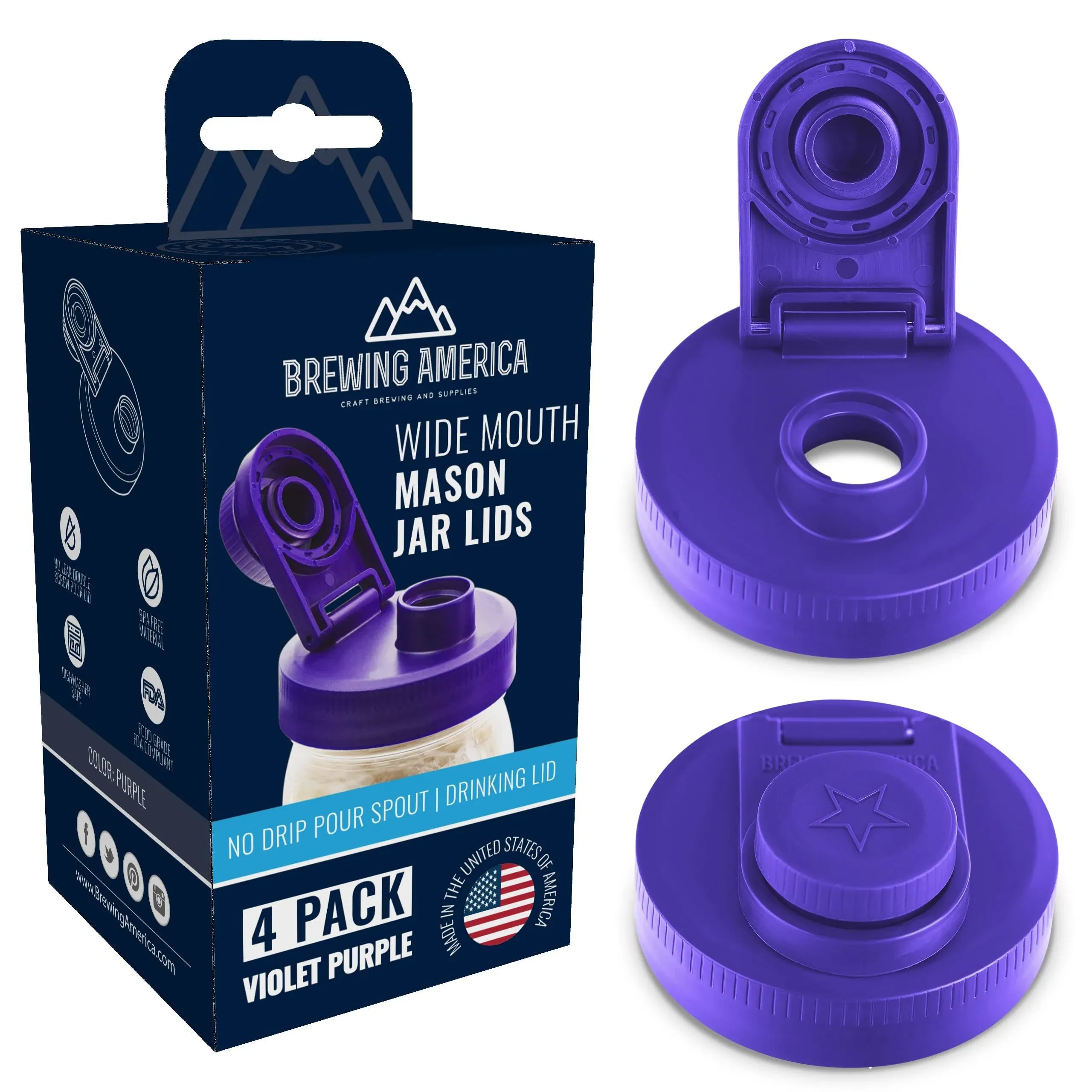 Mason Jar Lids Wide Mouth Plastic 4 Pack Leak Proof with Flip Cap Pouring Spout & Drink Hole Violet Purple