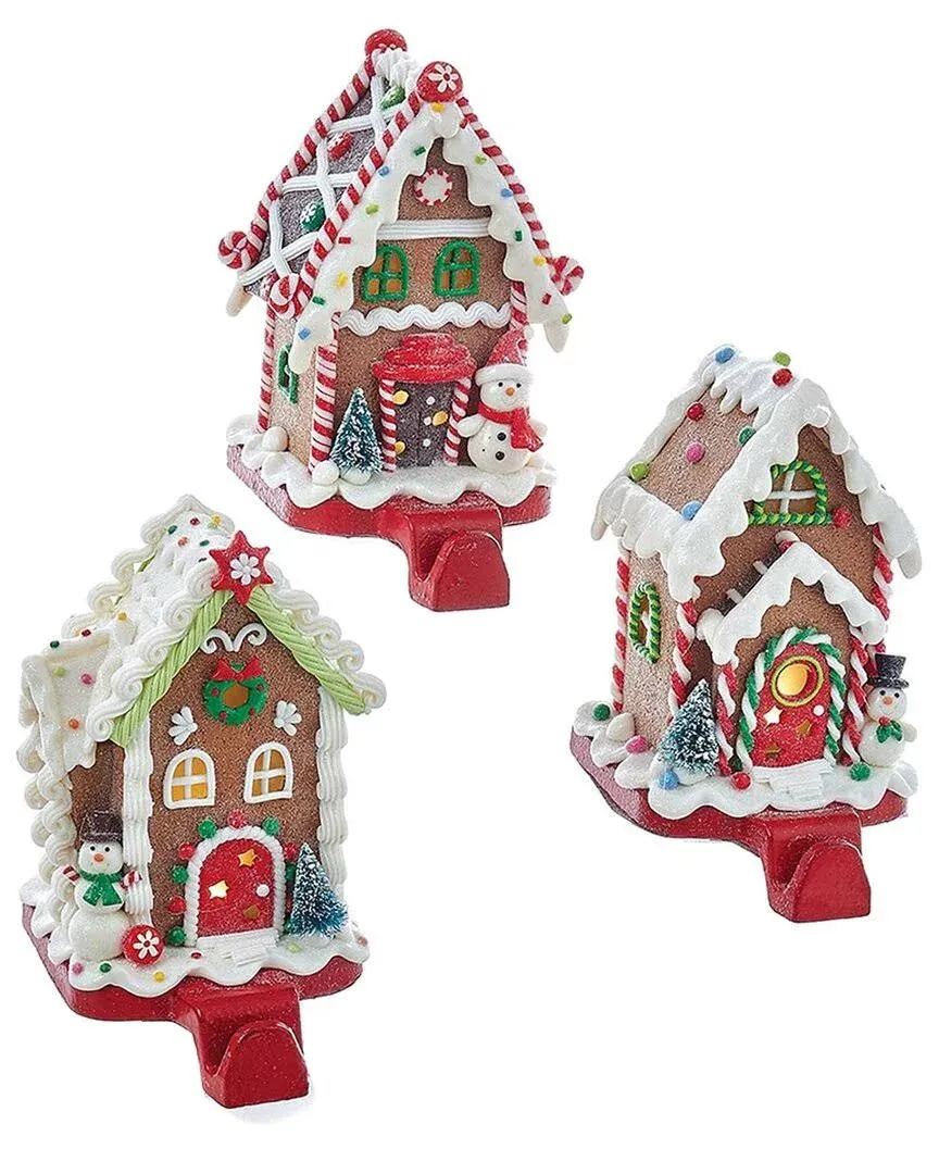 Battery-Operated Gingerbread Candy House Lighted Stocking Hangers, 3 Assorted