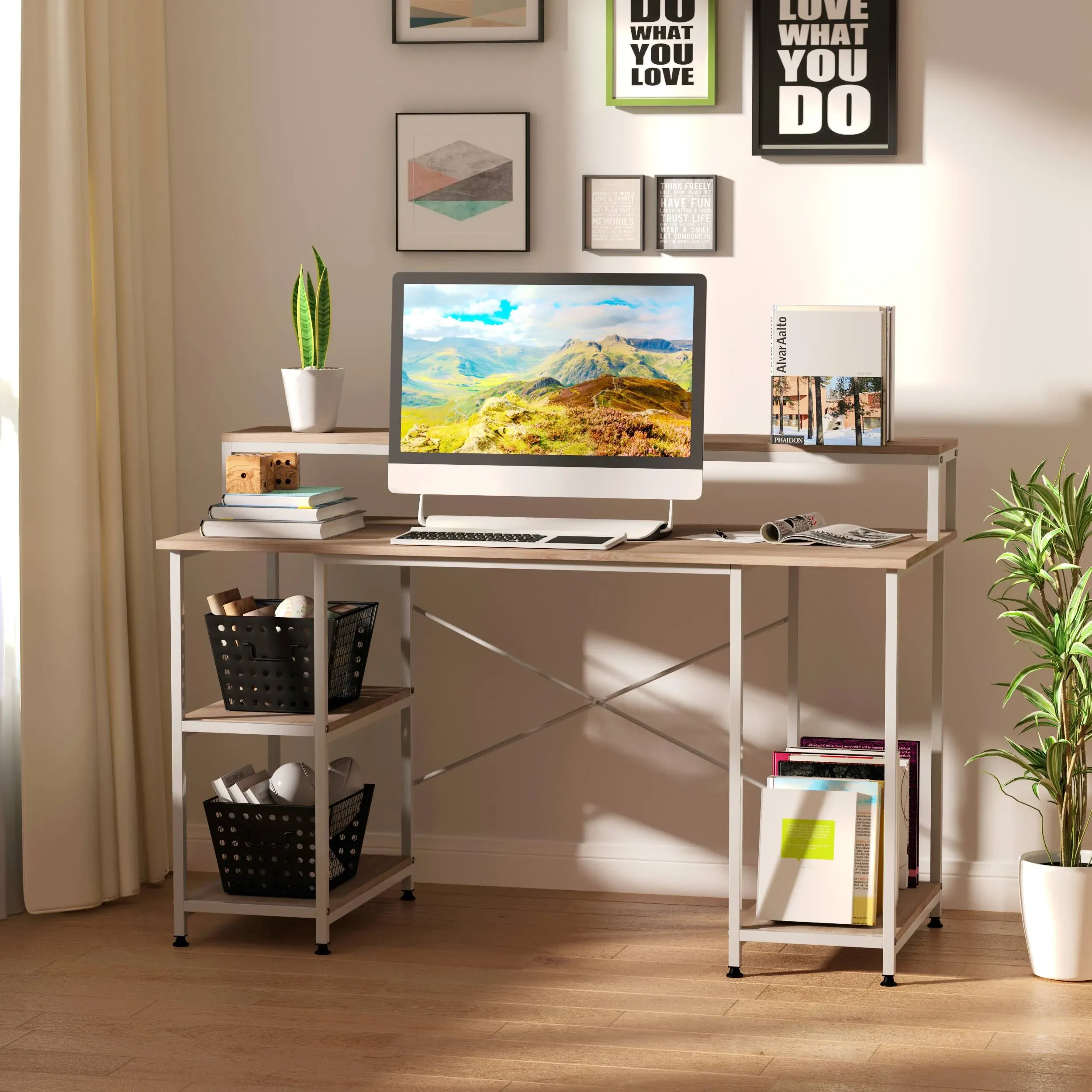 Computer Desk with Shelves Home Office Gaming Table Workstation , Wood Grain