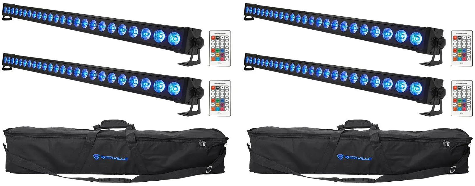 4 Rockville BATTERY STRIP 24 Rechargeable RGBW DMX DJ Wash Light Bars+Carry Bags