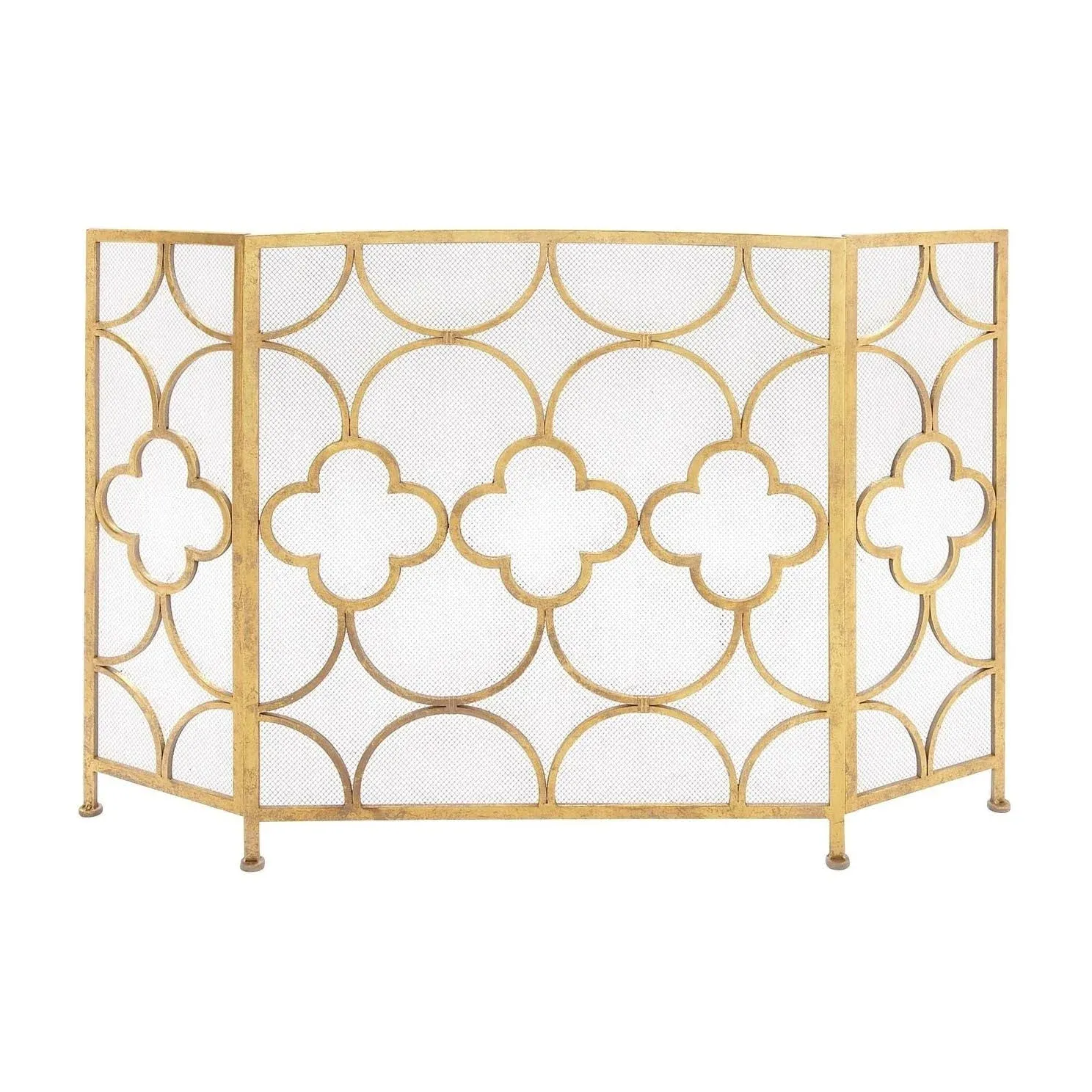 50 Inch 3 Panel Metal Fireplace Screen, Quatrefoil Design, Gold