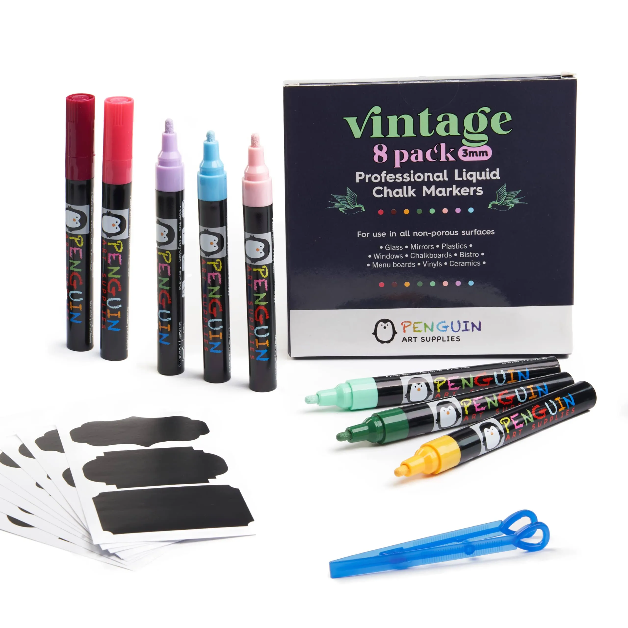 Liquid Chalk Markers, Set of 8-3mm Fine Tip Chalkboard Markers with 24 Chalk Stickers - Colored Chalk Erasable Pen with Reversible Tip for Glass, White board, and Chalkboard