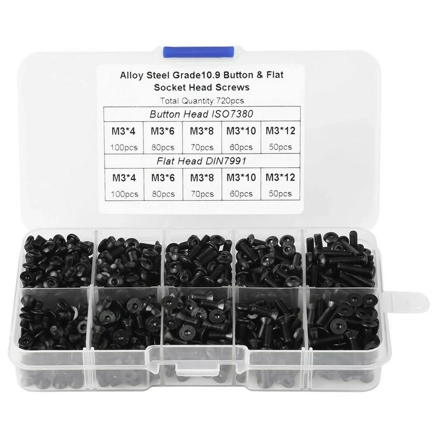 720PCS M3 Hex Bolt Screw Assorted M3X4Mm 6Mm 8Mm 10Mm 12Mm Black Alloy Steel Pan