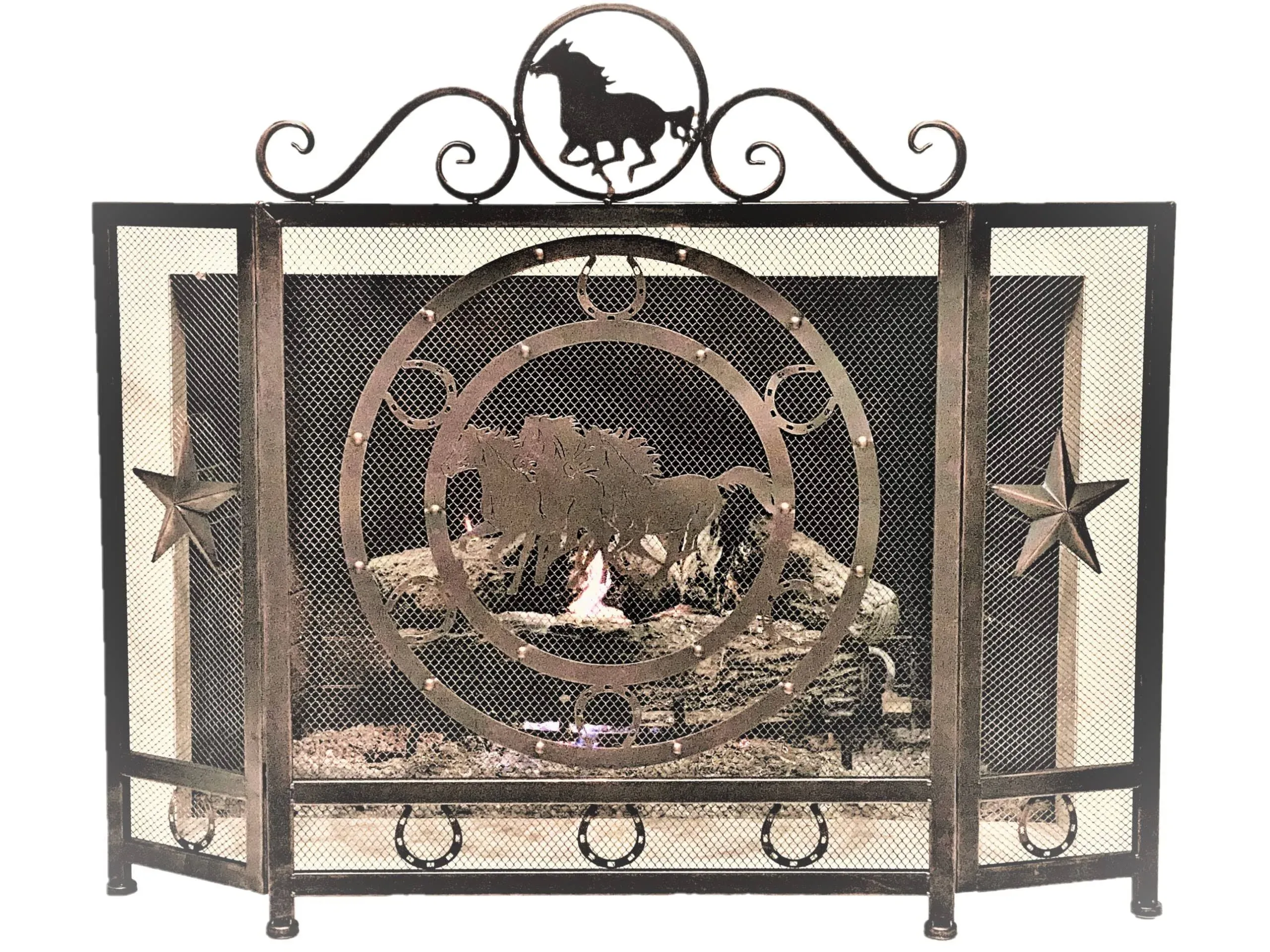 Three-panel Foldable Fireplace Screen with Running Horses - Free Standing Iro...