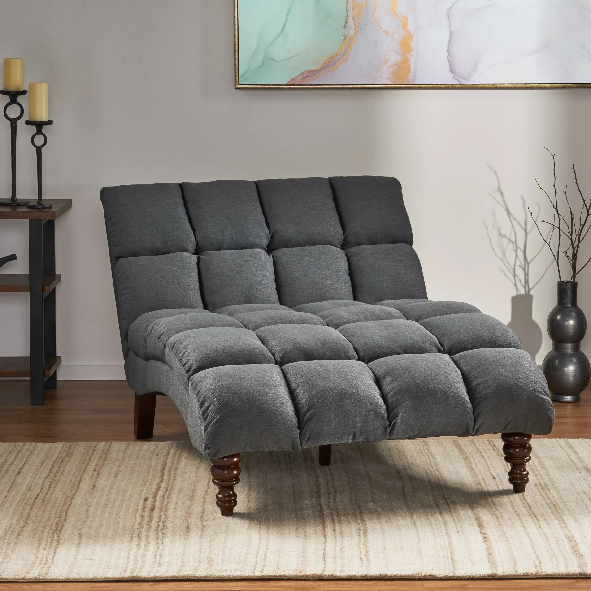 Noble House - Oakwood Fabric Tufted Double Chaise Lounge - Dark Gray