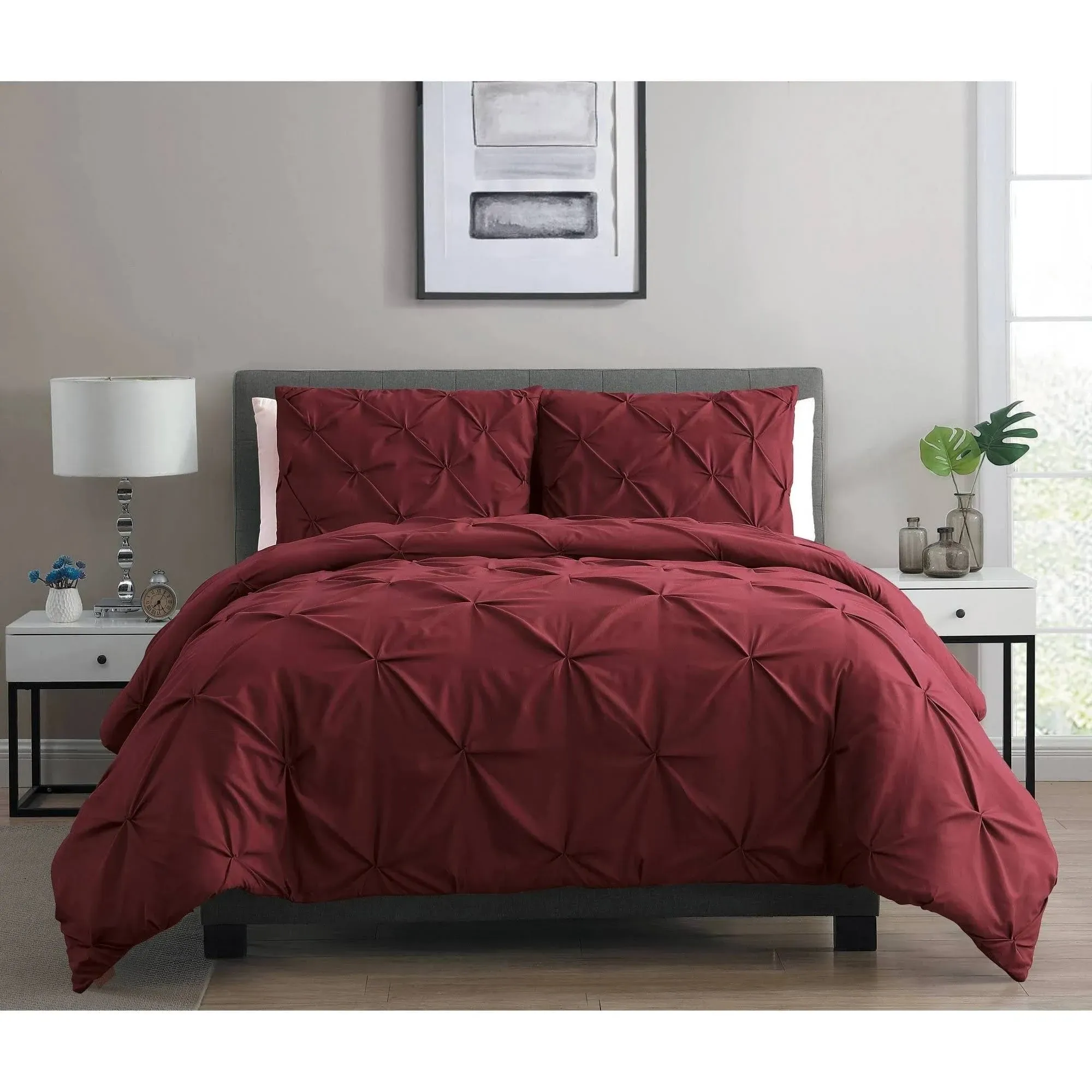 VCNY Home Duvet Cover Puckered Diamond Bedding with Matching Shams, Button Closure, Seasons, Queen, Burgundy