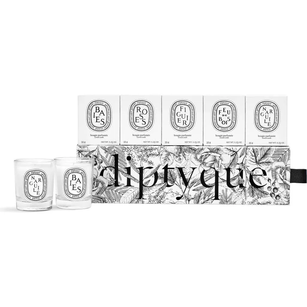 Diptyque Set of Five Scented Candles - Baies, Roses, Figuier, Fue De Bois, Narguile - Travel Size 2020 Fall Collection