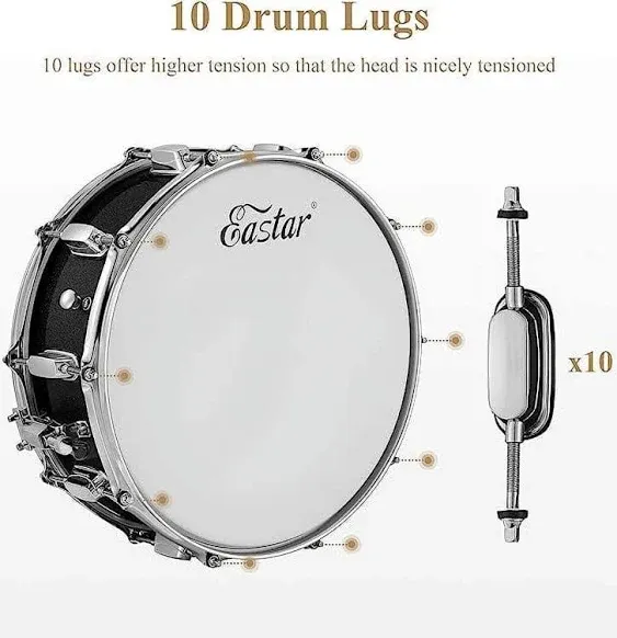 Eastar 14 inch Practice Snare Drum Kit with Drum Sticks/Stand/Mute Pad/Snare Drum Bag/Drum Key for Kid/Student/Beginner, USA / Starry Black