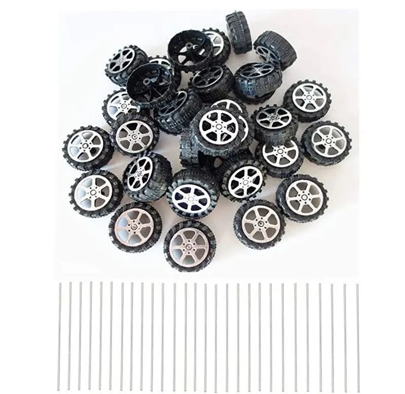 Kuanfine 60 Pcs Plastic Roll 2mm Dia Shaft Toys Car Wheel with 30 Pcs Shaft Round ...