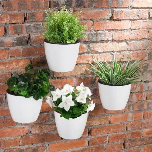 MyGift 7.5 Inch Wall Mounted White Plastic Hanging Self Watering Planter Pot, Small Flower Cactus Herbs Plant Container Wall Planter Set of 4