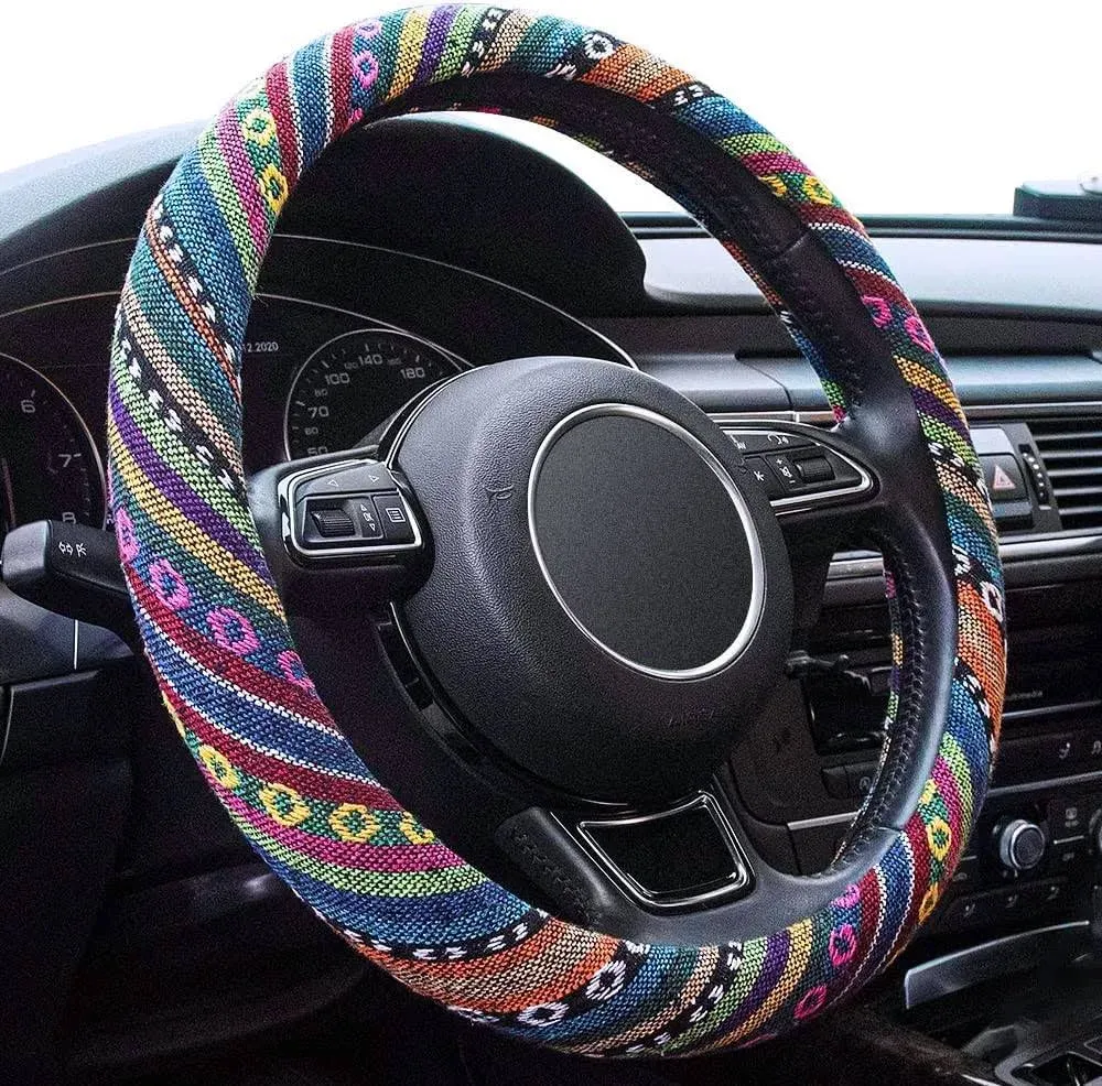 Boho Steering Wheel Cover Elastic Microfiber for Women, Universal Fit 15 inch Car SUV, Hippie Style Protector Cover, Anti-Slip, Breathable, Absorbing Sweat - 01