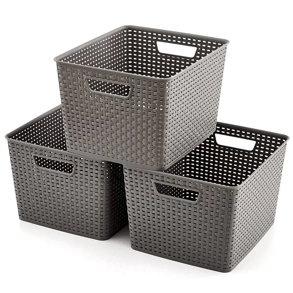 EZOWare Woven Plastic Storage Baskets, Large Organizer Knit Basket Bins - Pack of 3