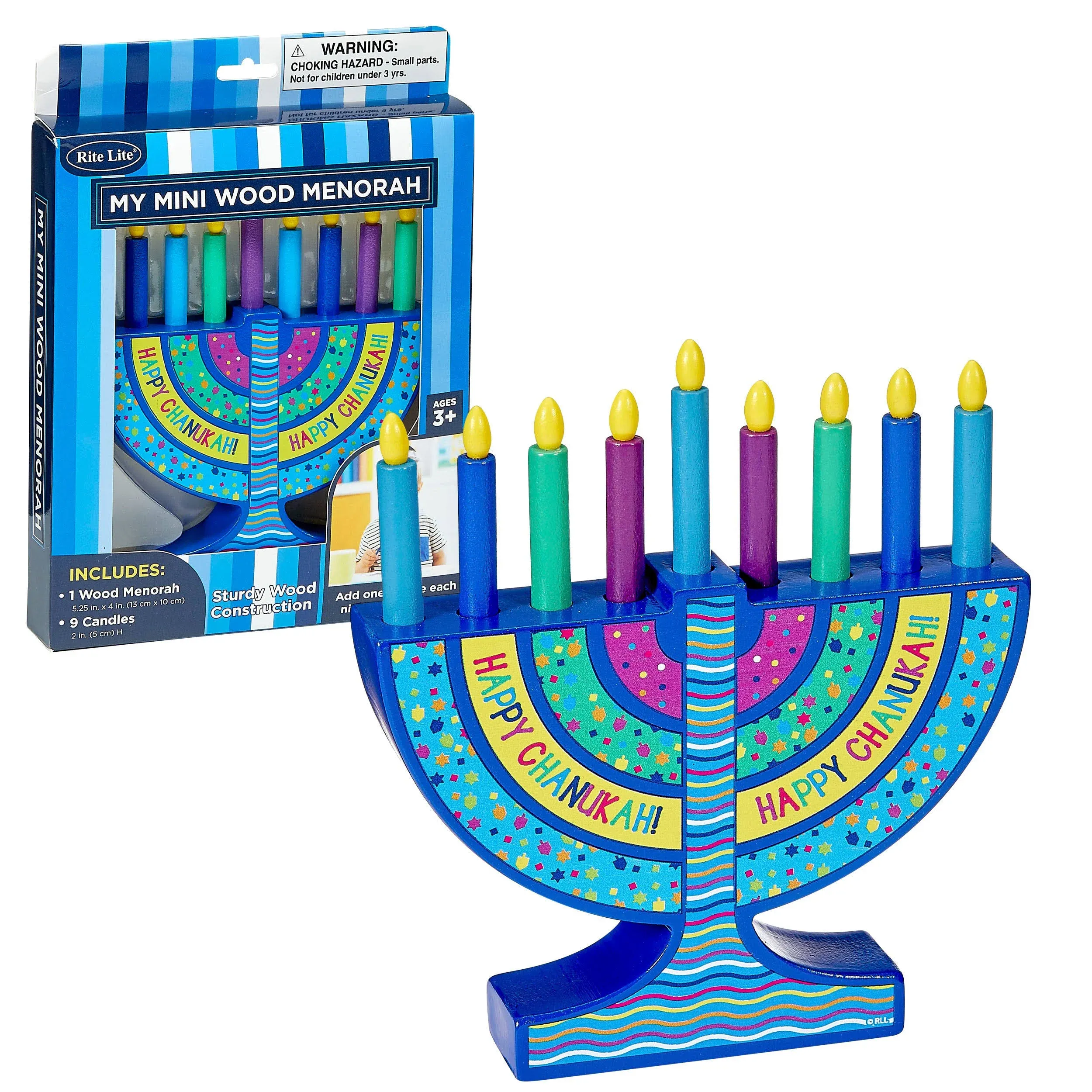 Rite Lite My Mini Wood Menorah with Removable Wood Candles - Colorful Chanukah Menorah for Kids Hanukkah Gifts Decorations Centerpiece, Jewish Holiday Party Favors Decor, Festival of Lights 5.75" H