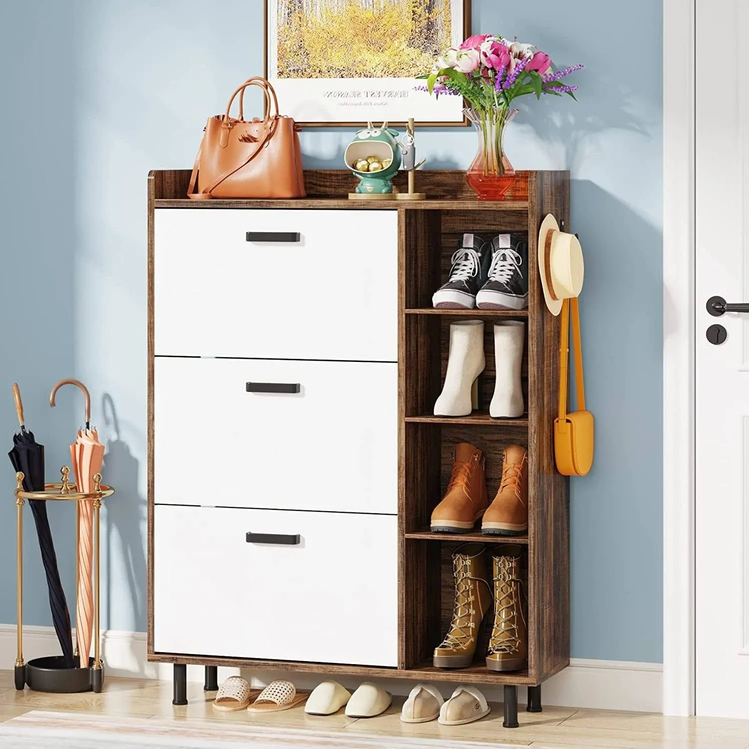 Flip Drawers Shoe Cabinet Shoes Storage Cabinet with 3 Flip Drawer and 5 Shelves ...