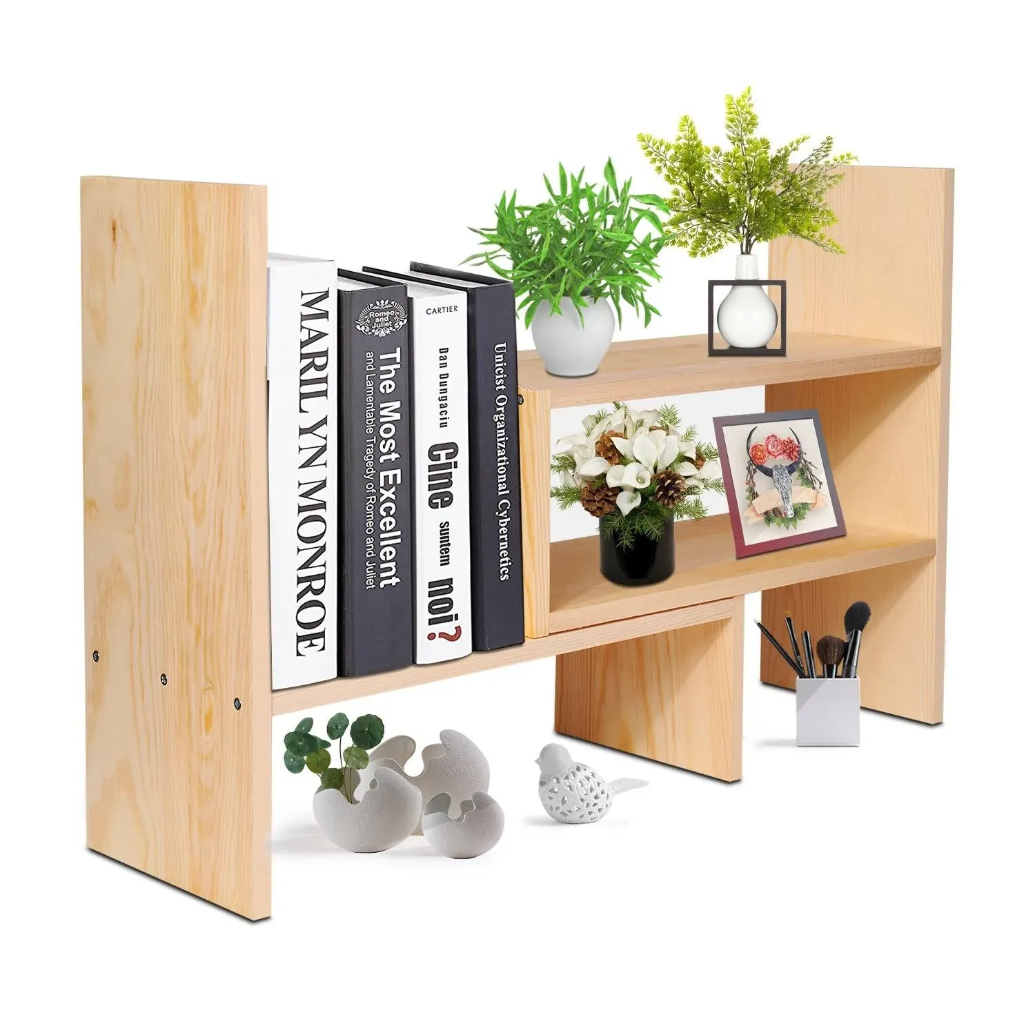 Flexzion Natural Wooden Desktop Shelf Wood Caddy Desk Organizer Set Office Storage Adjustable Expandable Tabletop Accessory Sorter Bookcase Display Stand Rack (Beige)