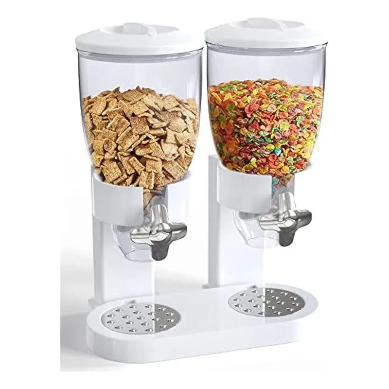 Dual Food Dispenser - Dry Food Dispenser Perfect As A Candy, Nuts, Rice, Granola, Cereal & more Dispenser. Dispenses 1 Ounce Per Twist! Stores Food, and Keeps Your Food fresh (White)