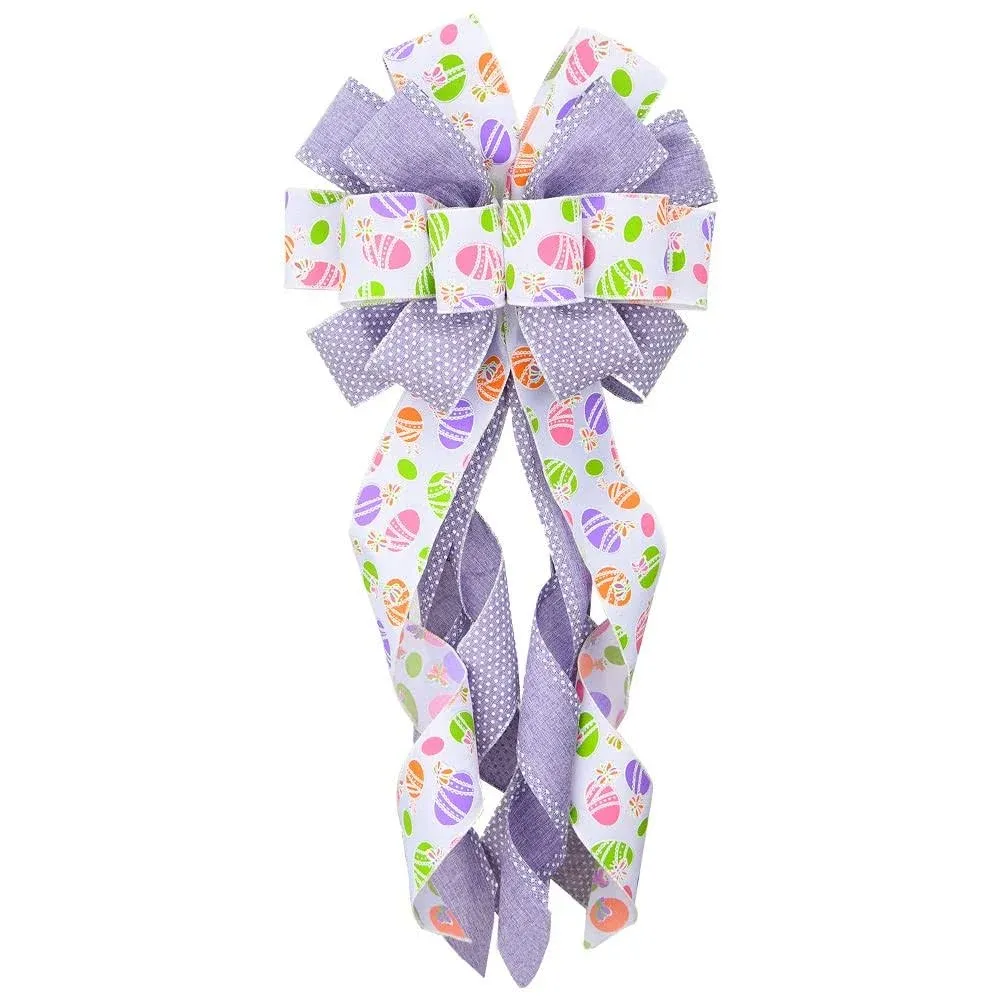 Long Easter Wreath Bows, White Purple Easter Eggs Pattern Spots Burlap Bows for Wreaths - Large Easter Burlap Tree Topper Bows for Holiday Front Door Wreath Decorations Indoor Outdoor