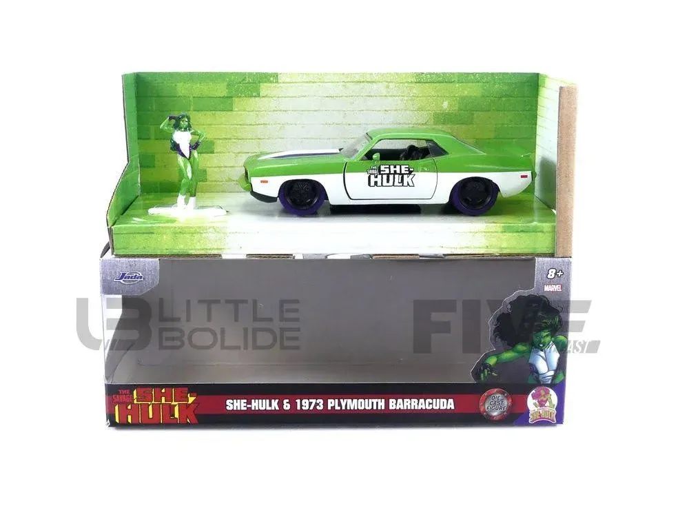 1973 Plymouth Barracuda Green Metallic and White and She-Hulk Diecast Figure "The Savage She-Hulk" "Hollywood Rides" Series 1/32 Diecast Model Car by Jada