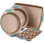 Rachael Ray Cucina Bakeware Set Includes Nonstick Cake Cookie Baking Sheet and Muffin Cupcake Pan, 4 Piece, Latte Brown with Agave Blue Grips