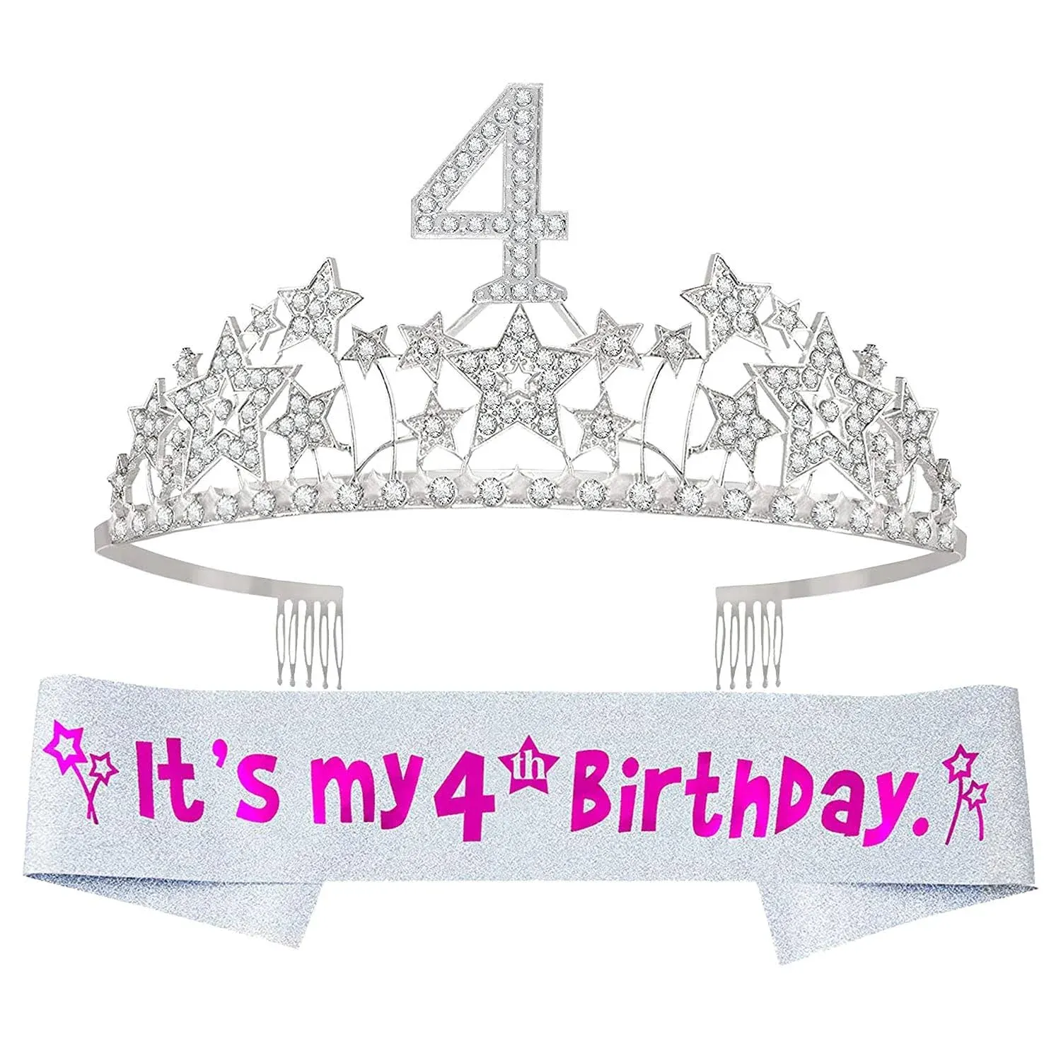 EBE EmmasbyEmma 4th Birthday Sash and Tiara for Girls - Fabulous Glitter Sash + Starry Sky Rhinestone Silver Premium Metal Tiara for Girls, 4th Birthday Gifts for Princess Party