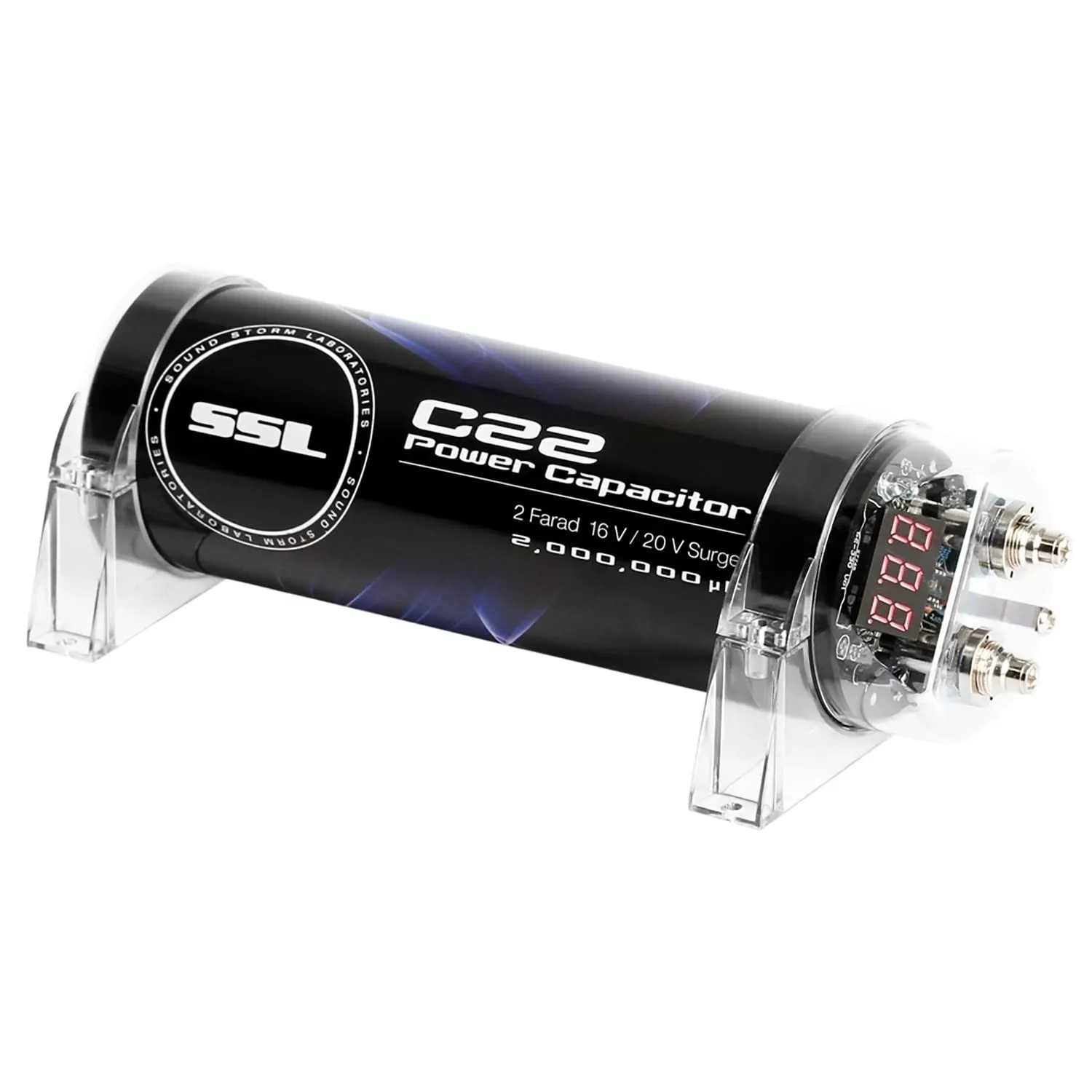 Sound Storm Laboratories C22 Car Audio Capacitor - 2 Farad, Energy Storage, Enhance Bass from Stereo, for Amplifier and Subwoofer, Warning Tones, LED Voltage Meter