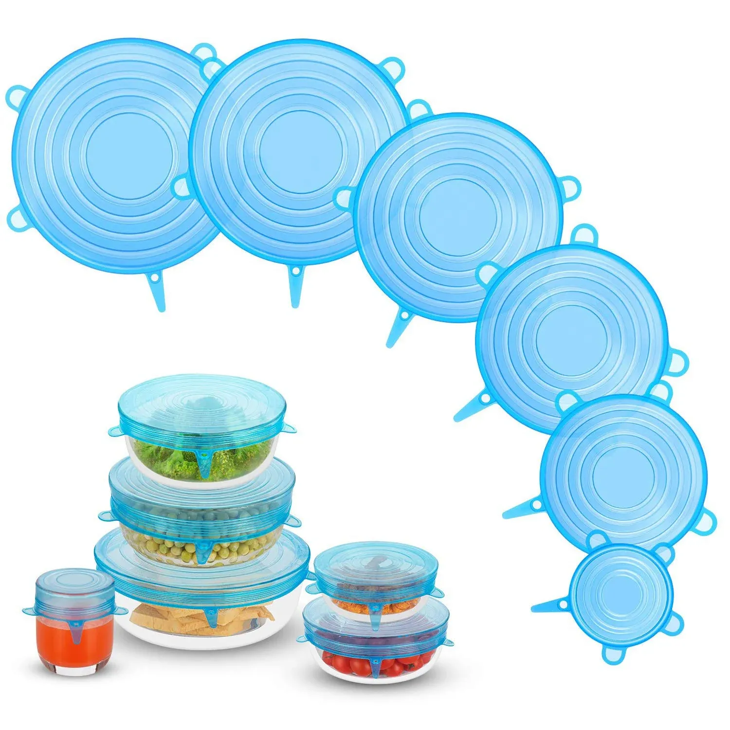 Silicone Stretch Lids, Zero Waste Reusable Silicon Container Lid Covers for Leftover Food Fruit Bowls Pots Cups Jars Dishes (6PCS, Blue)