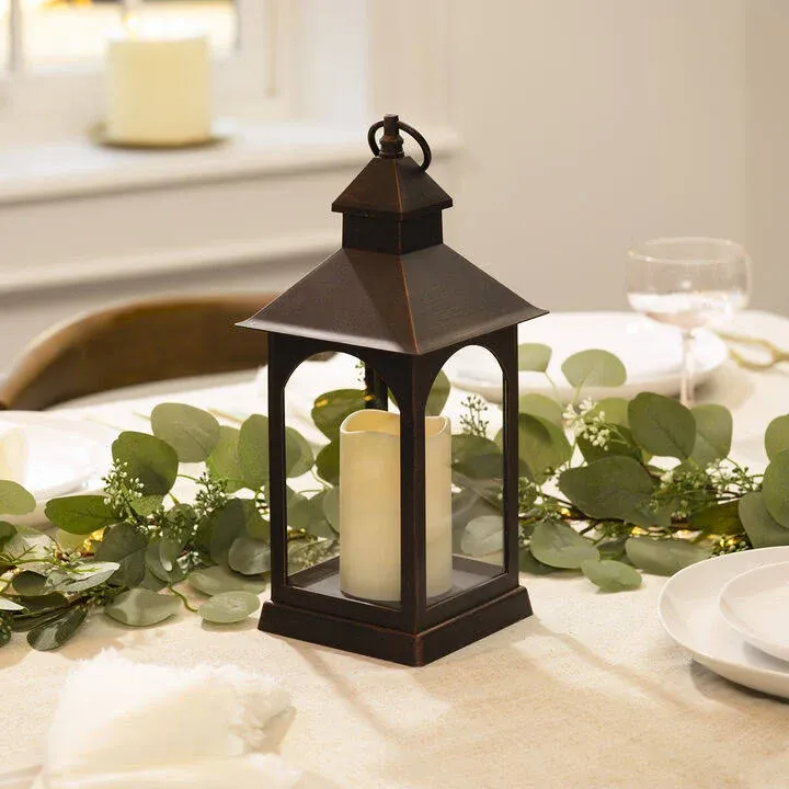 LampLust Small Lanterns Decorative with LED Pillar Candle, 14 inch, Dark Bronze Frame, Batteries & Timer Included, Hanging Candle Lantern, Wedding LAN