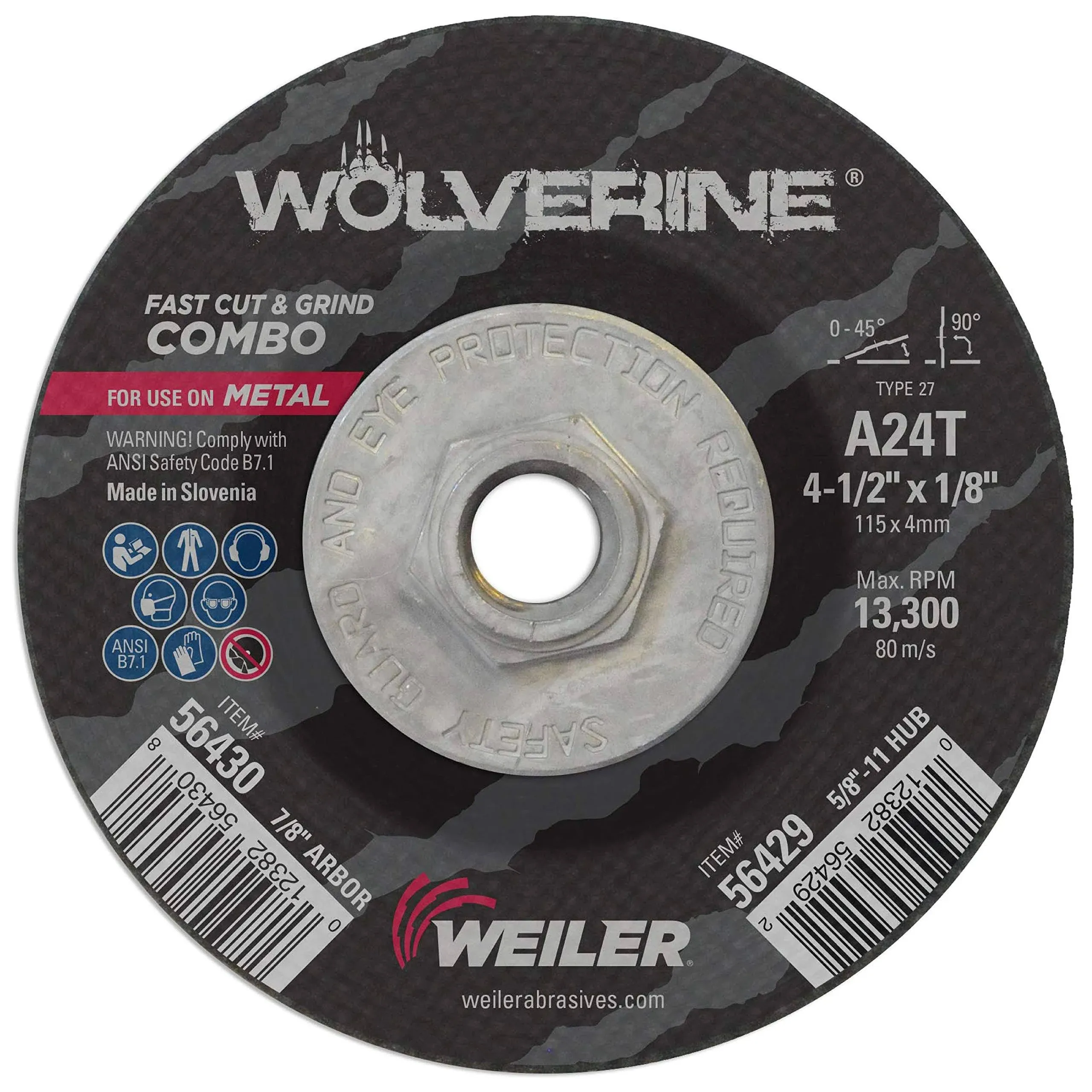 Weiler 56429 Wolverine Combo Wheel 4-1/2 in Dia 1/8 Thick 5/8 in - 11 UNC Arbor 24 Grit