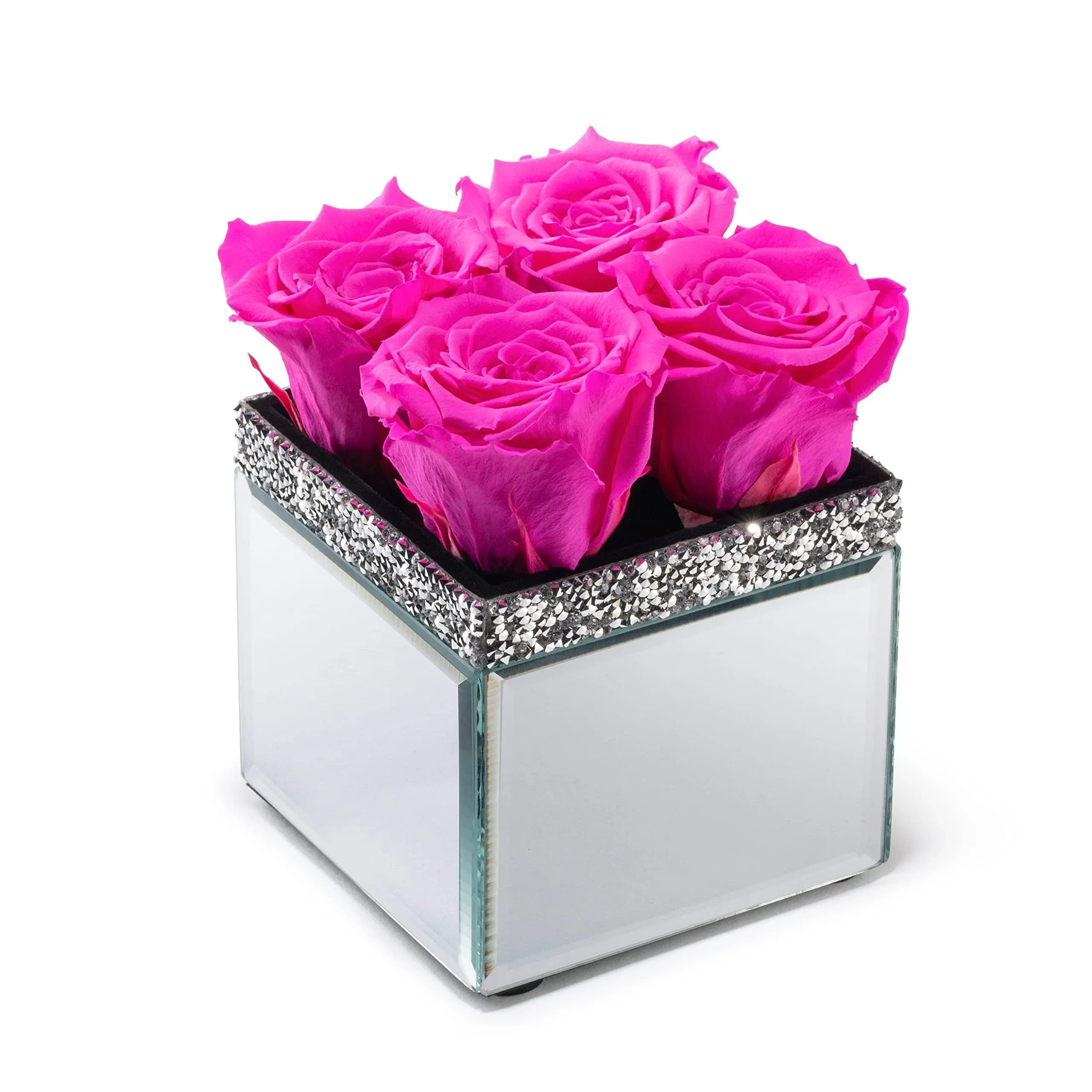 SOHO FLORAL ARTS | Mirrored Vase Pave Accent | Real Roses That Last a Year and More | Eternal Roses in a Box (Radiant Pink 4) | Valentines Day Gifts