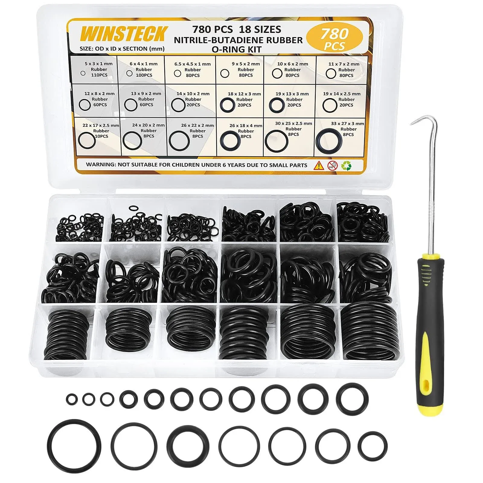 O Ring Assortment Kit, Rubber O Ring Set 780 PCS with 180°Full Pick & Hook Tool, 18 Sizes Universal Nitrile Rubber Pressure Washer O Ring Kit for Hose, Faucet, Automotive, Air and Gas Sealing Repair