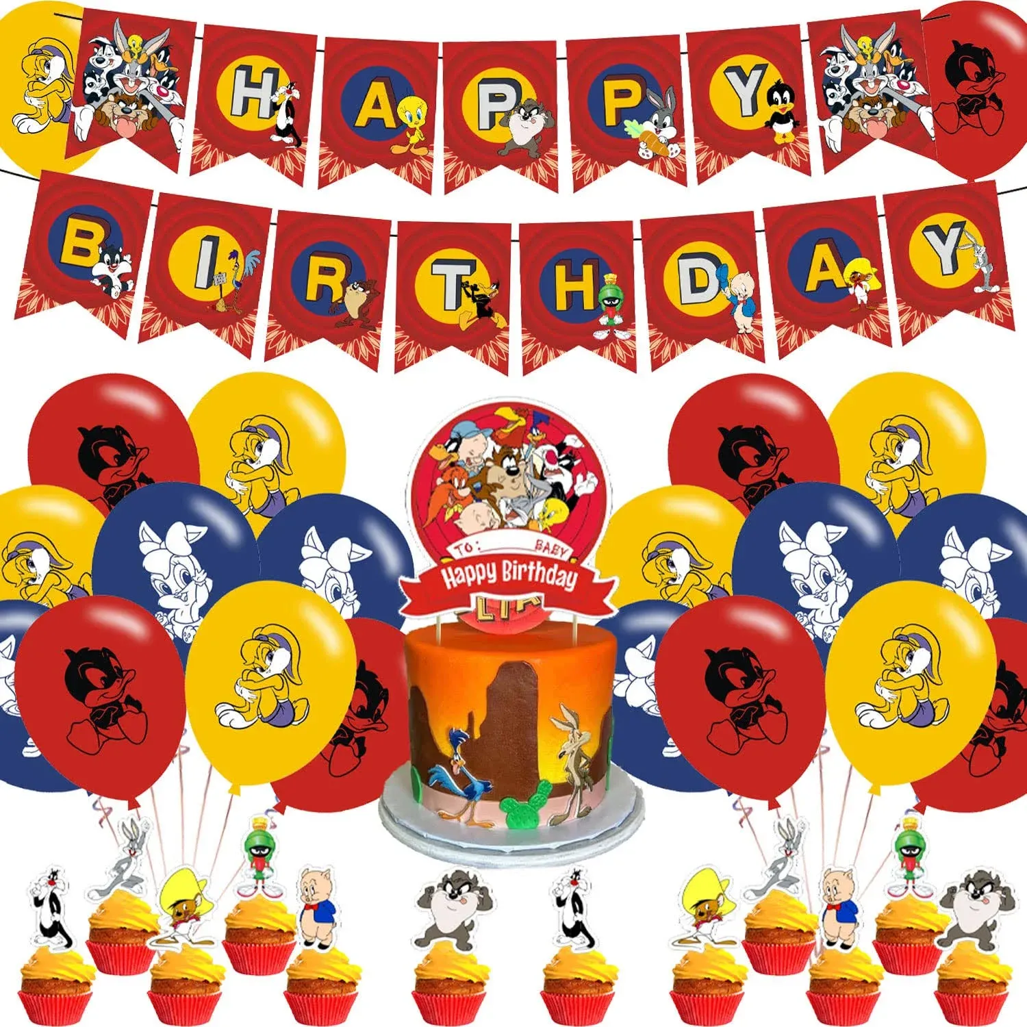 Looney Tunes Party Decorations, Birthday Party Supplies For Looney Tunes Party Supplies Includes Birthday Banner - Cake Topper - 12 Cupcake Toppers - 18 Balloons