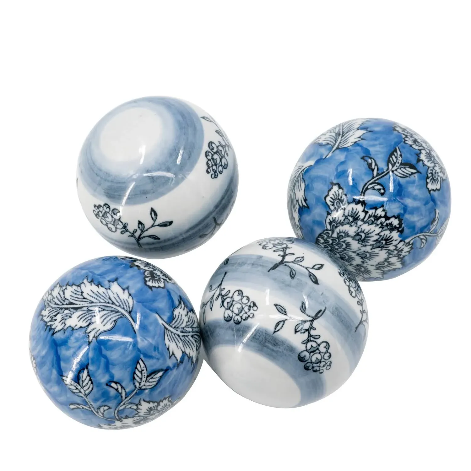 A&B Home Set of 4 Ceramic Decorative Orbs Blue Floral Decor Balls Home Accent Centerpiece, One Size