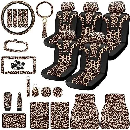 Tallew Leopard Car Accessories Seat Covers Full Sets Steering Wheel License Plate ...