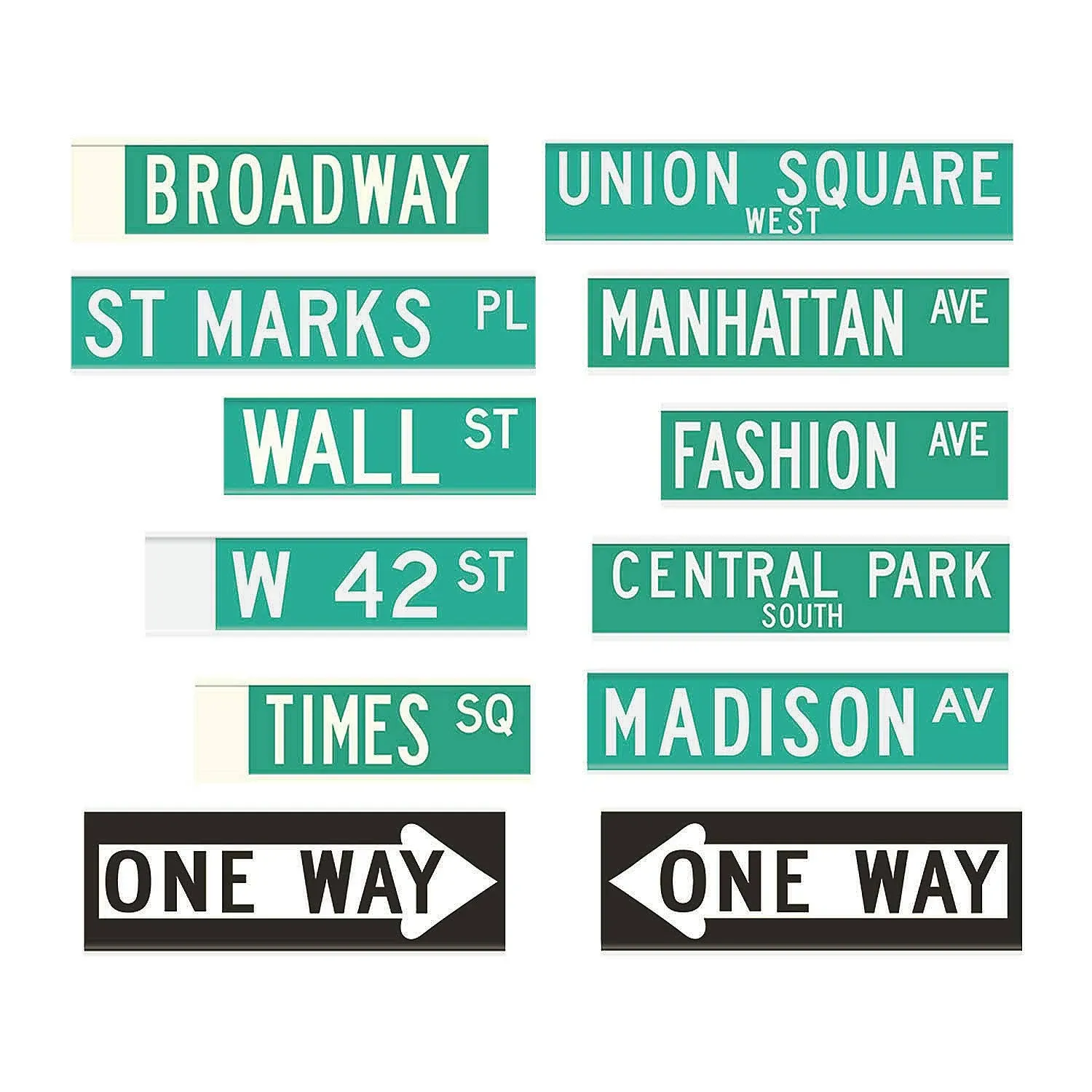 New York City Street Sign Cutouts - Set of 12, including Wall Street, Broadway and more - Party Supplies and Decor