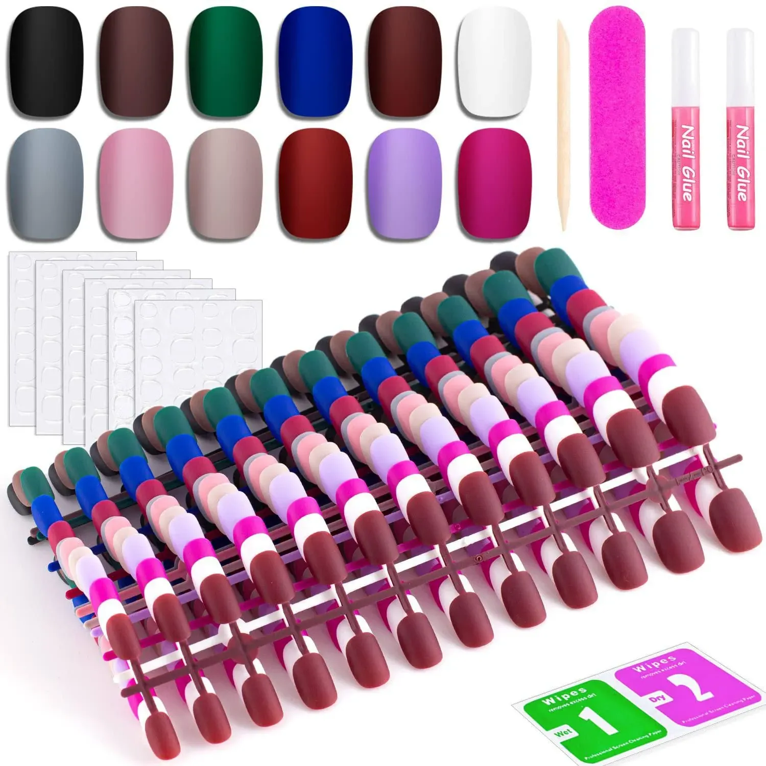 12 Solid Color Glossy Flat Square False Press On Nails Pack #1, 288PCS Acrylic Medium Length Nail Tip Kit with Stickers Tabs, Prep Pads, Nail File and Cuticle Stick