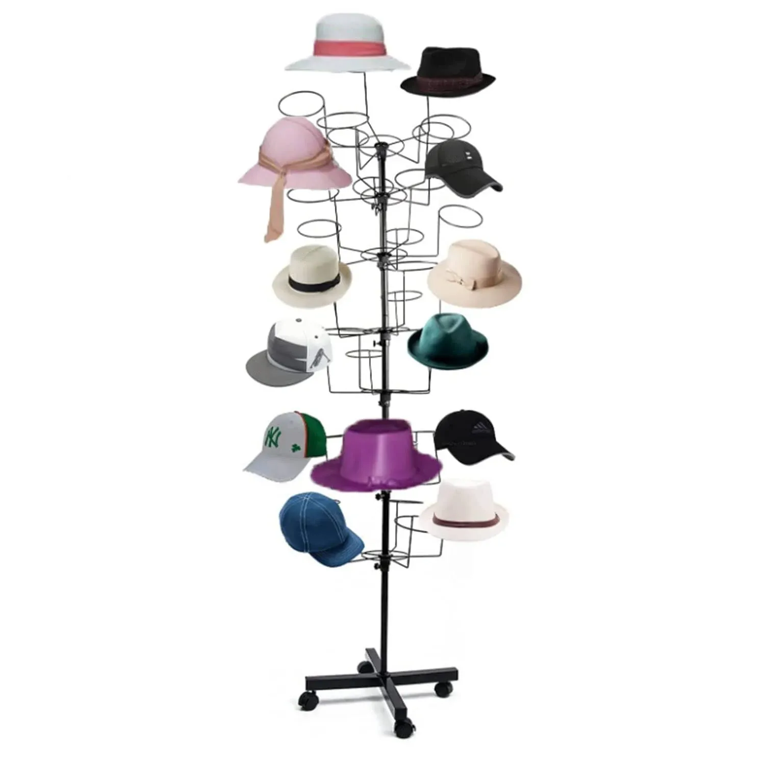 uyoyous 7-Tier Hat Display Rack Hat Rotating Wig Stand Free Standing Headwear Wig Rack Metal Modern Floor Rack for 35 Caps, Wigs & Hats