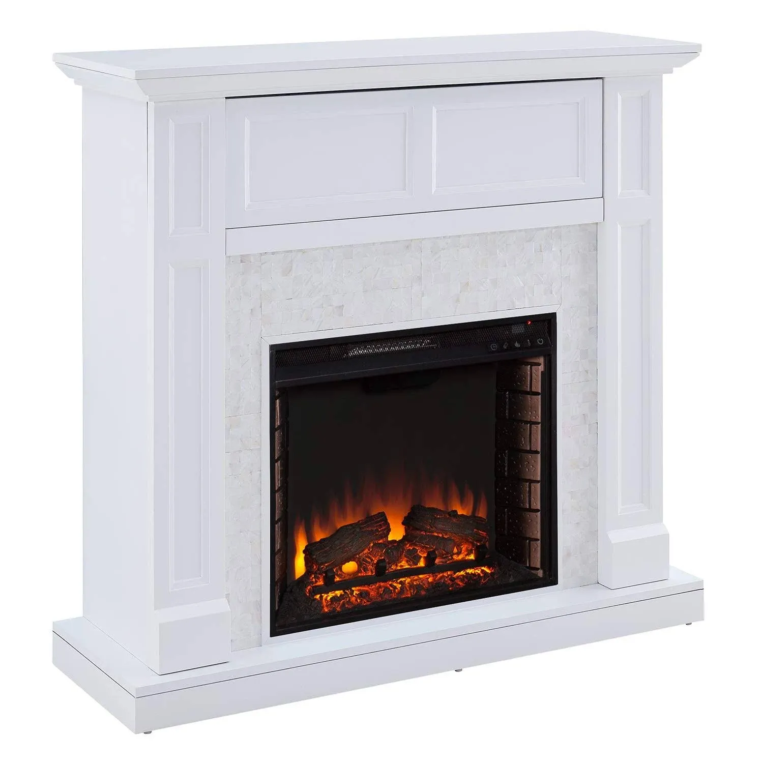 SEI Furniture Nobleman Mother of Pearl Tiled Electric Hidden Media Shelf Fireplace, White