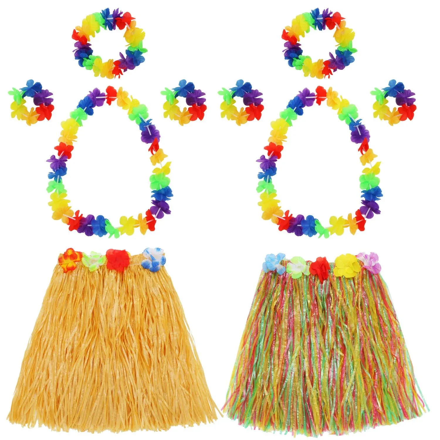 Shappy 2 Sets Hula Skirts Hawaiian Grass Luau Dance Skirt with Leis for Women Flower Bracelets Headband Necklace Set