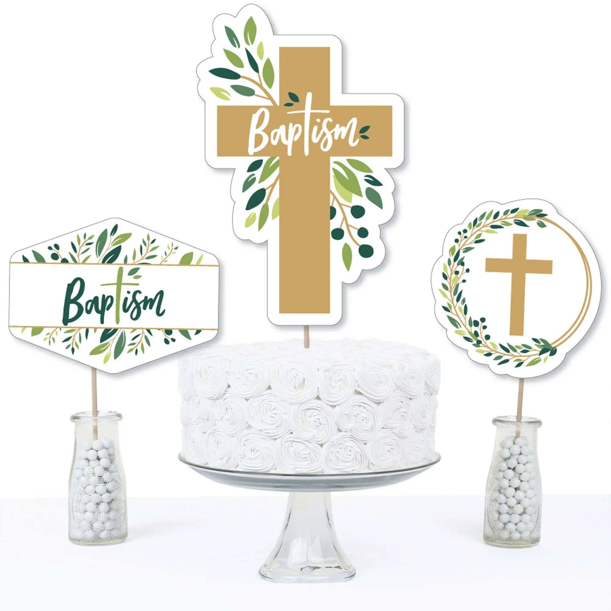 Baptism Elegant Cross - Religious Party Centerpiece Sticks - Table Toppers - Set of 15