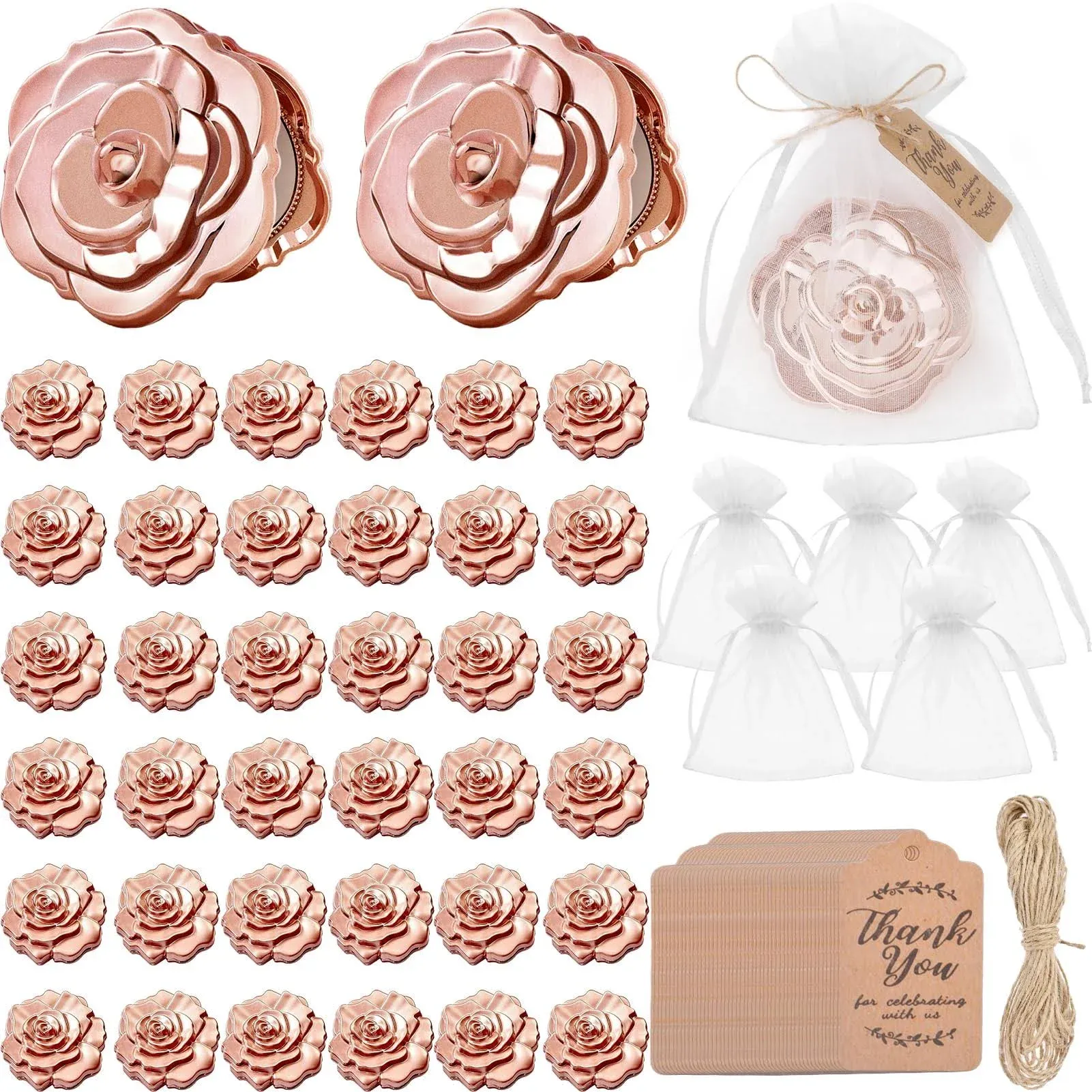 100 Set Rose Compact Mirrors Bulk Quinceanera Wedding Party Favors Including Rose Shape Mirrors and Thank You Tags with White Organza Bags for quinceanera, Wedding Party Guests Souvenir Gift (100)