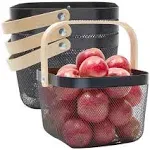 4 Pack Mesh Fruit Basket with Wooden Handles, Square, Black, 9.5x 9.5 x 7 In