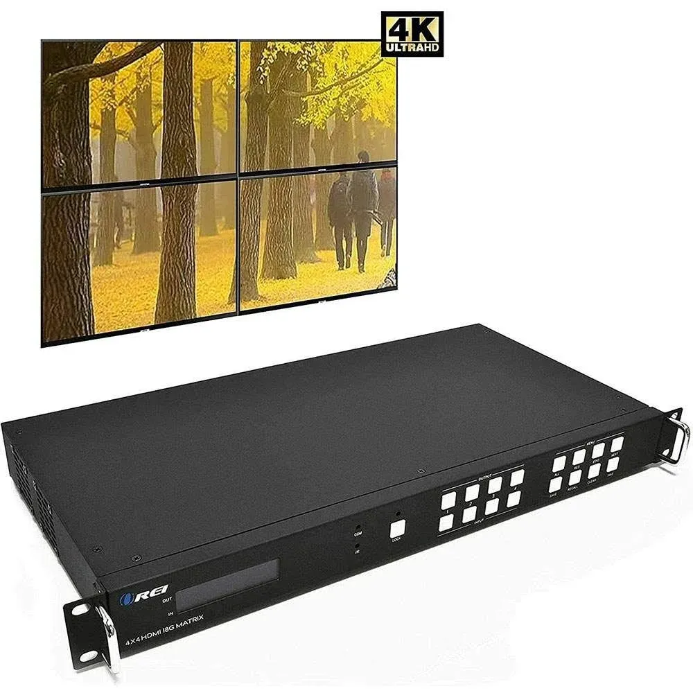 OREI Professional 4K 4X4 HDMI Matrix Video Wall, Seamless Switching HDCP 2.2 UltraHD 4K @ 60Hz 4:4:4 Switcher & IR Control, Audio Extract, RS-232 - Zero Latency 4 Displays 2x2 Video Wall @ 1080P